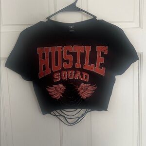 Hustle Squad Black Crop Tee with Red Graphic